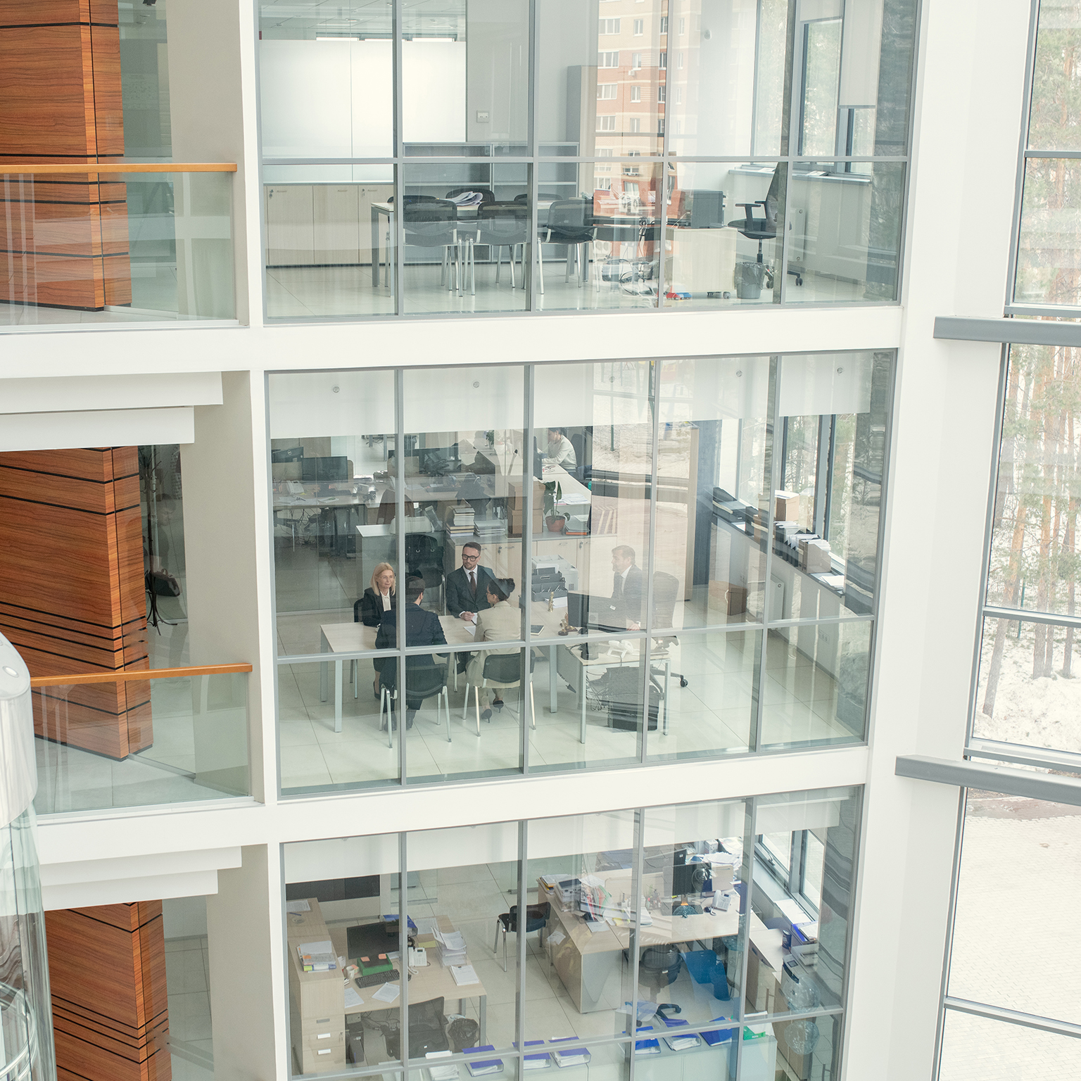 People working in a modern office building