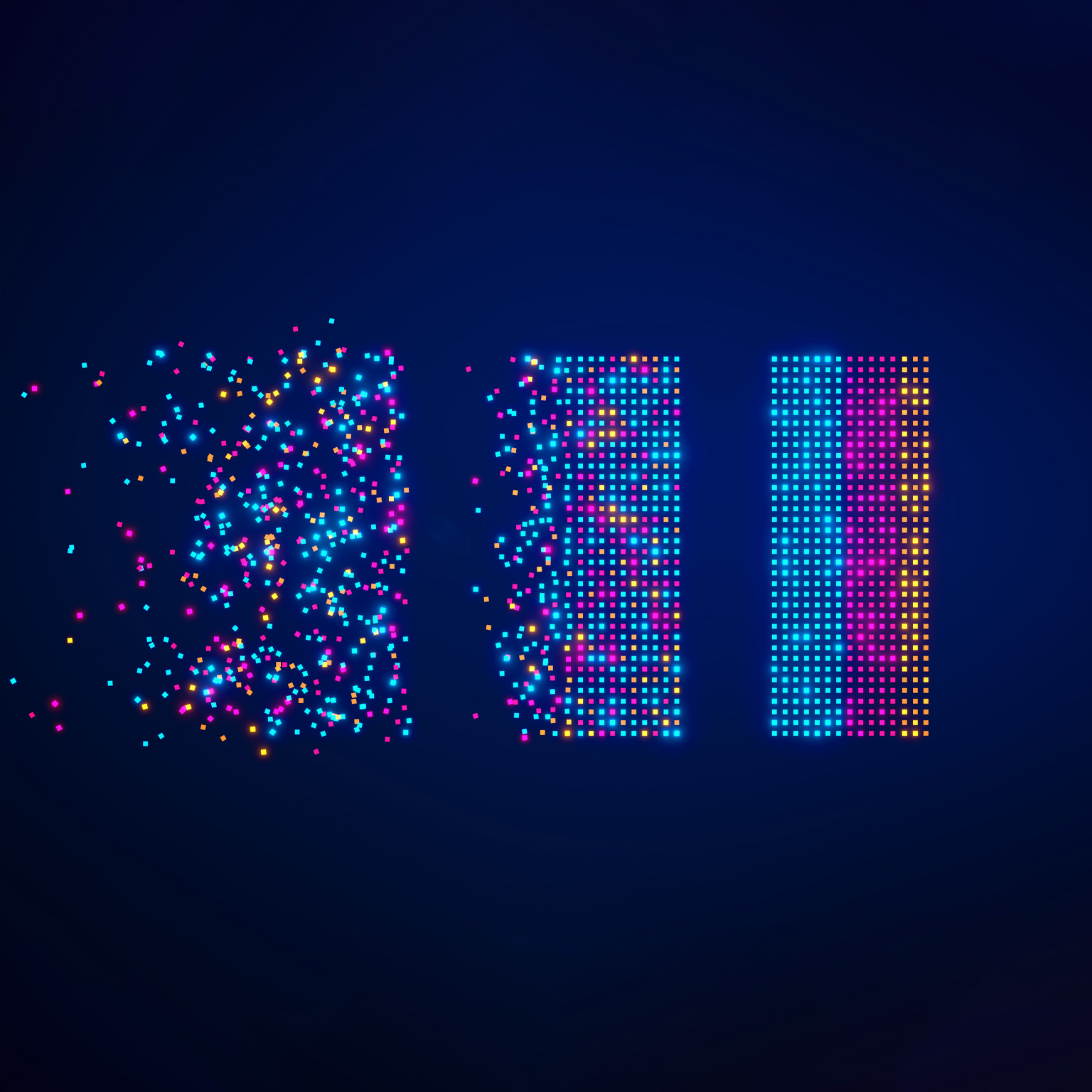 Three columns made up of colorful squares. The left column is chaotic, the middle has modest order, and the right is fully organized by the color of the square.