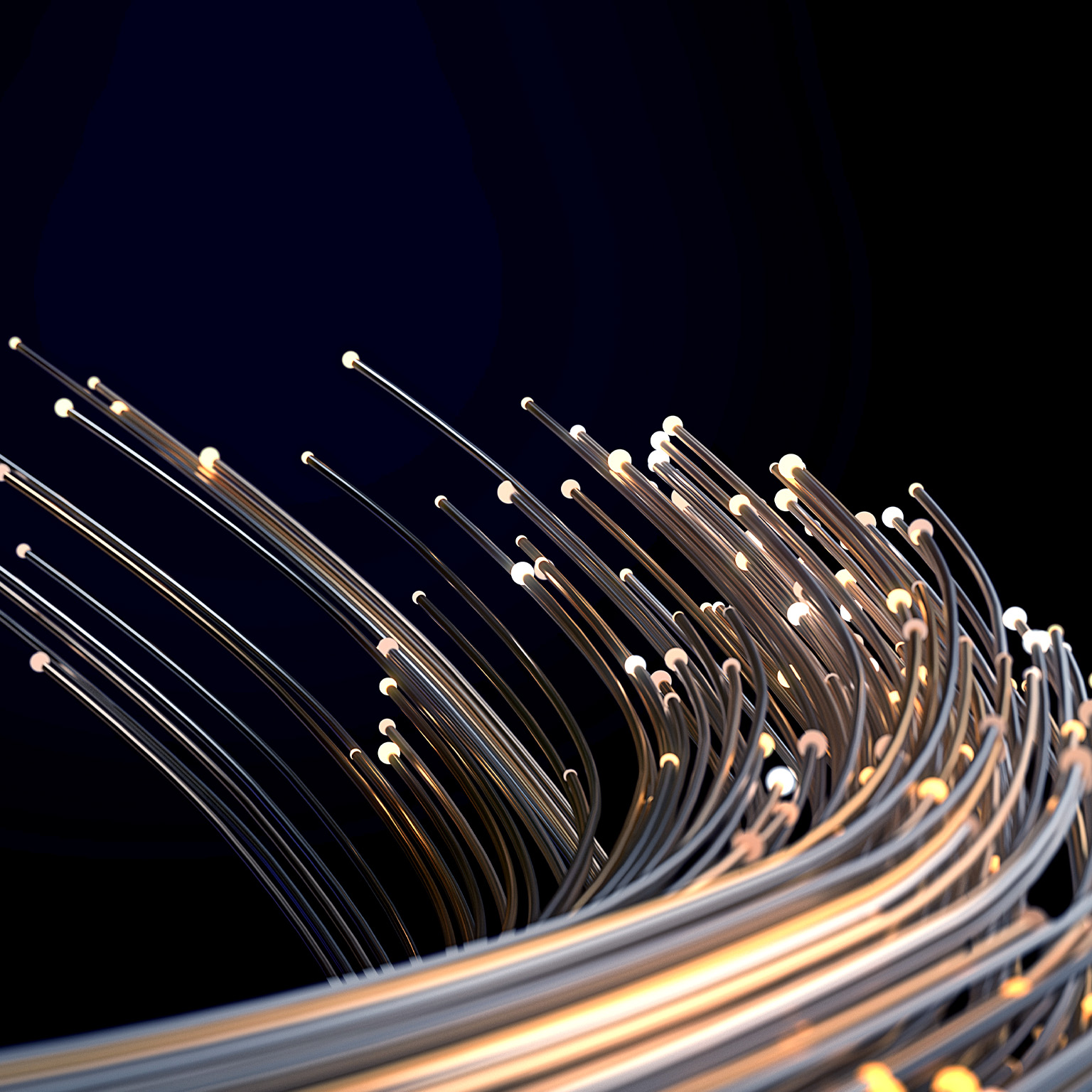 Thin metallic wires of different lengths with small lights at their ends bending together against a dark background for added drama.