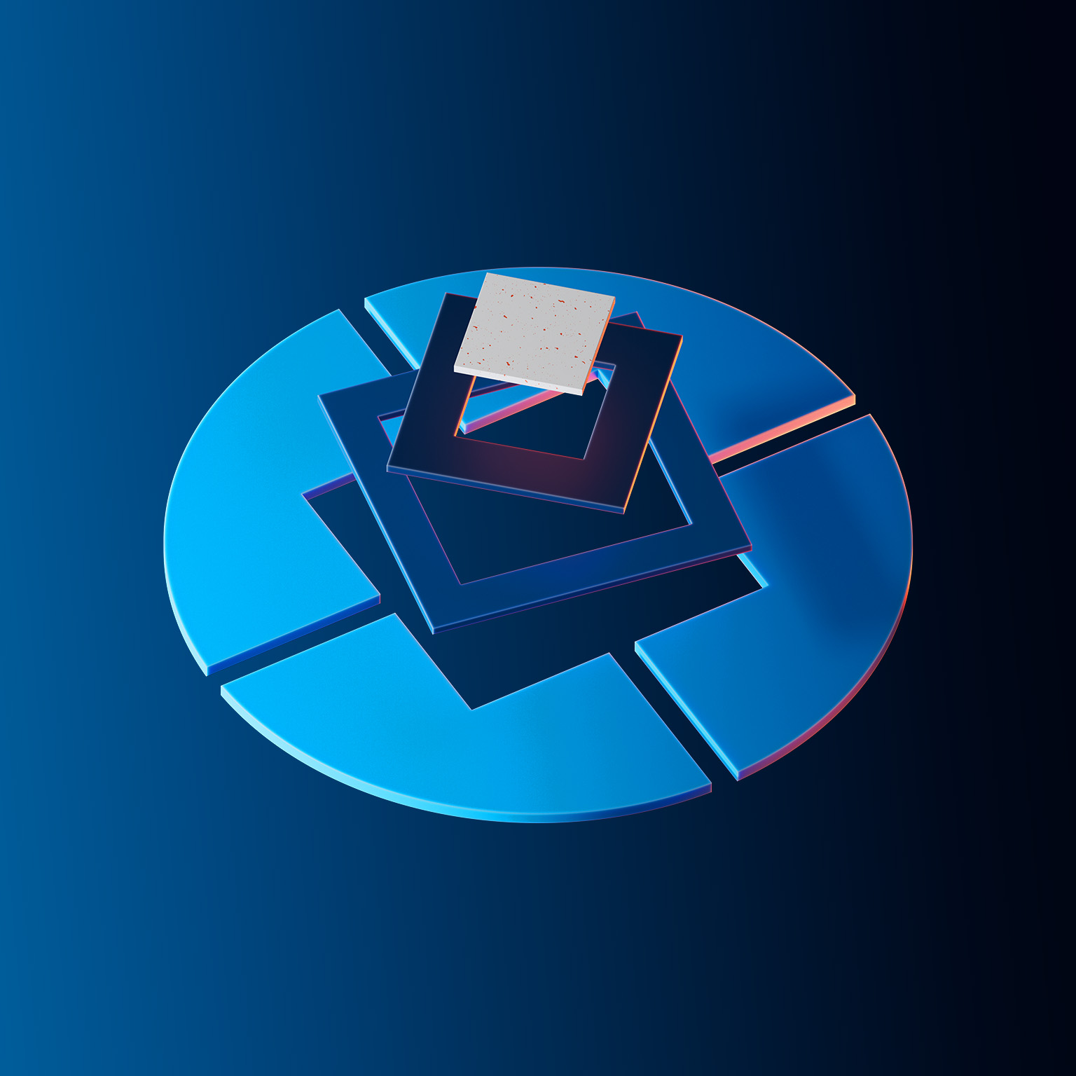 An abstract, digital art composition displaying a segmented blue circle topped with nested dark square frames and a light-colored square.