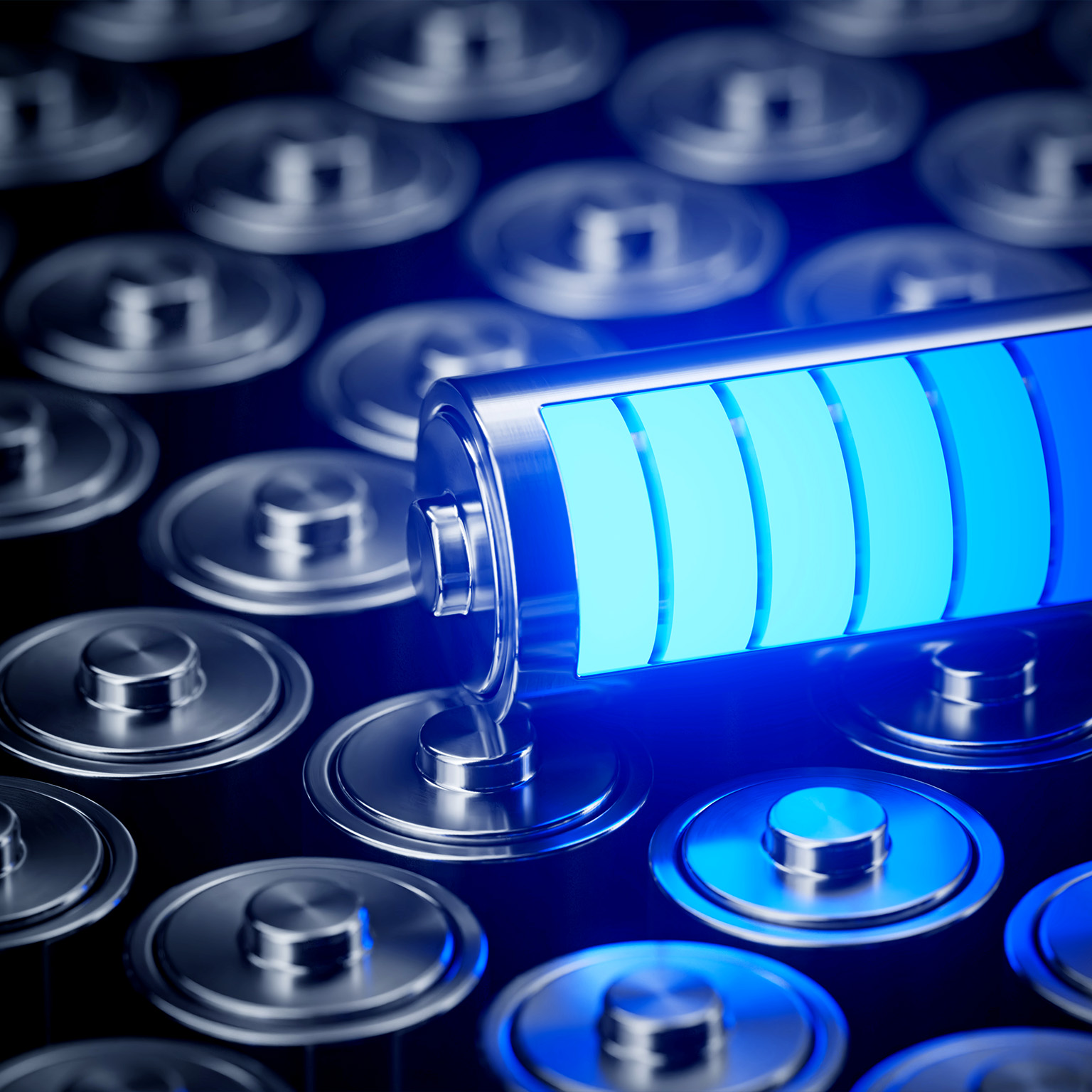 Conceptual image of a battery with blue charge level blocks glowing.
