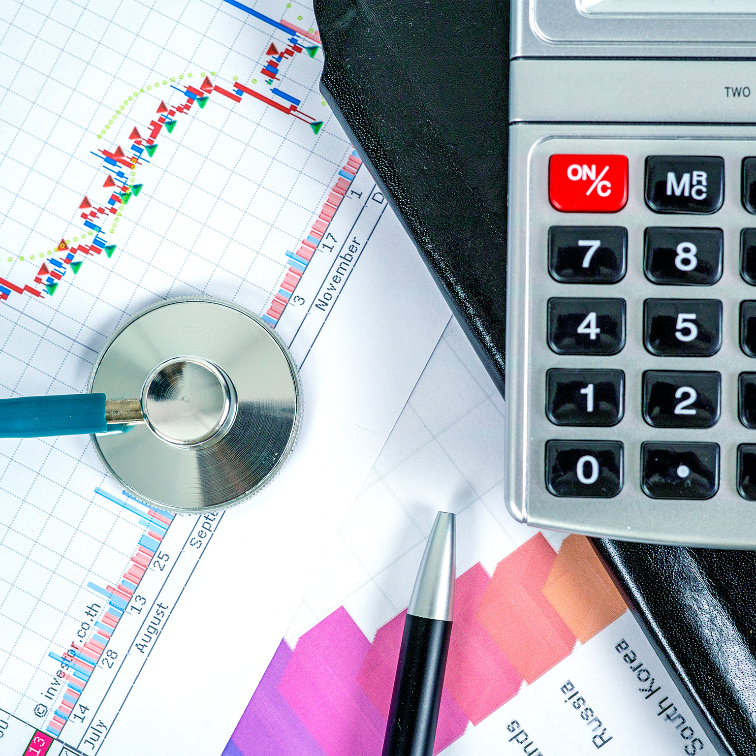 Top-down image of a stethoscope and a calculator on top of medical and healthcare business analysis reports.